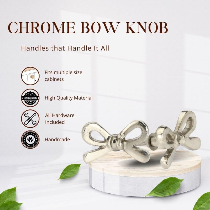 Perilla Home Set of 6 Chrome Bow Knobs - Decorative Flower Knobs - for Room, Kitchen, Cabinet, Hardware, Cupboard, Door, Knobs, Dresser, Wardrobe, Closet and Drawer Pulls - Image 2
